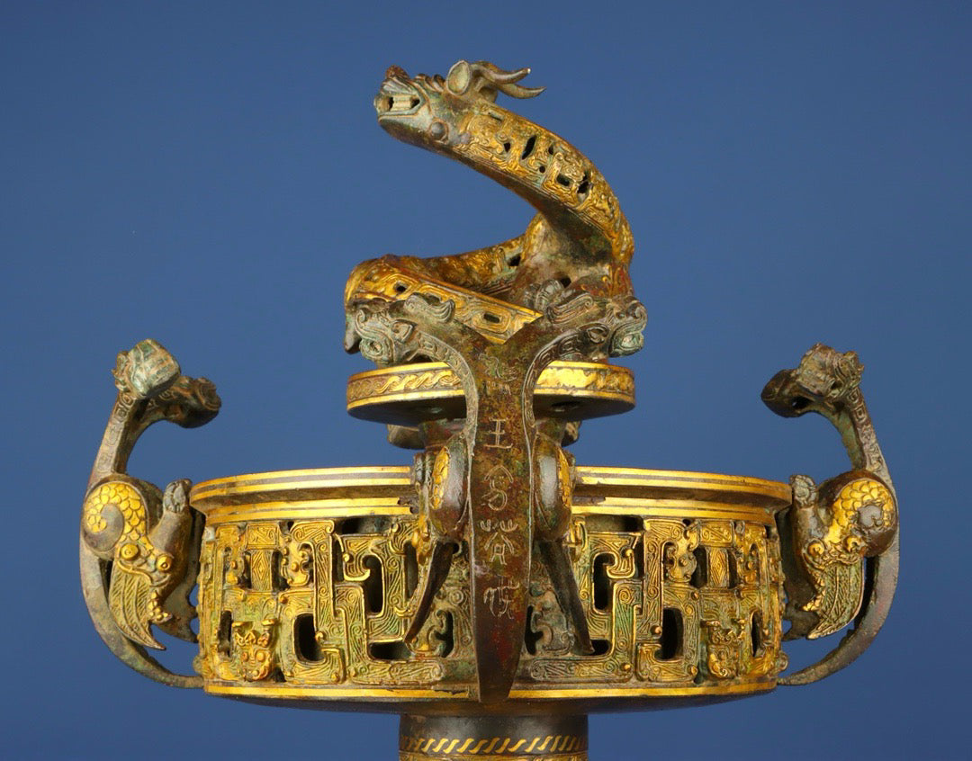 Chinese antique bronze pan dragon smoking furnace