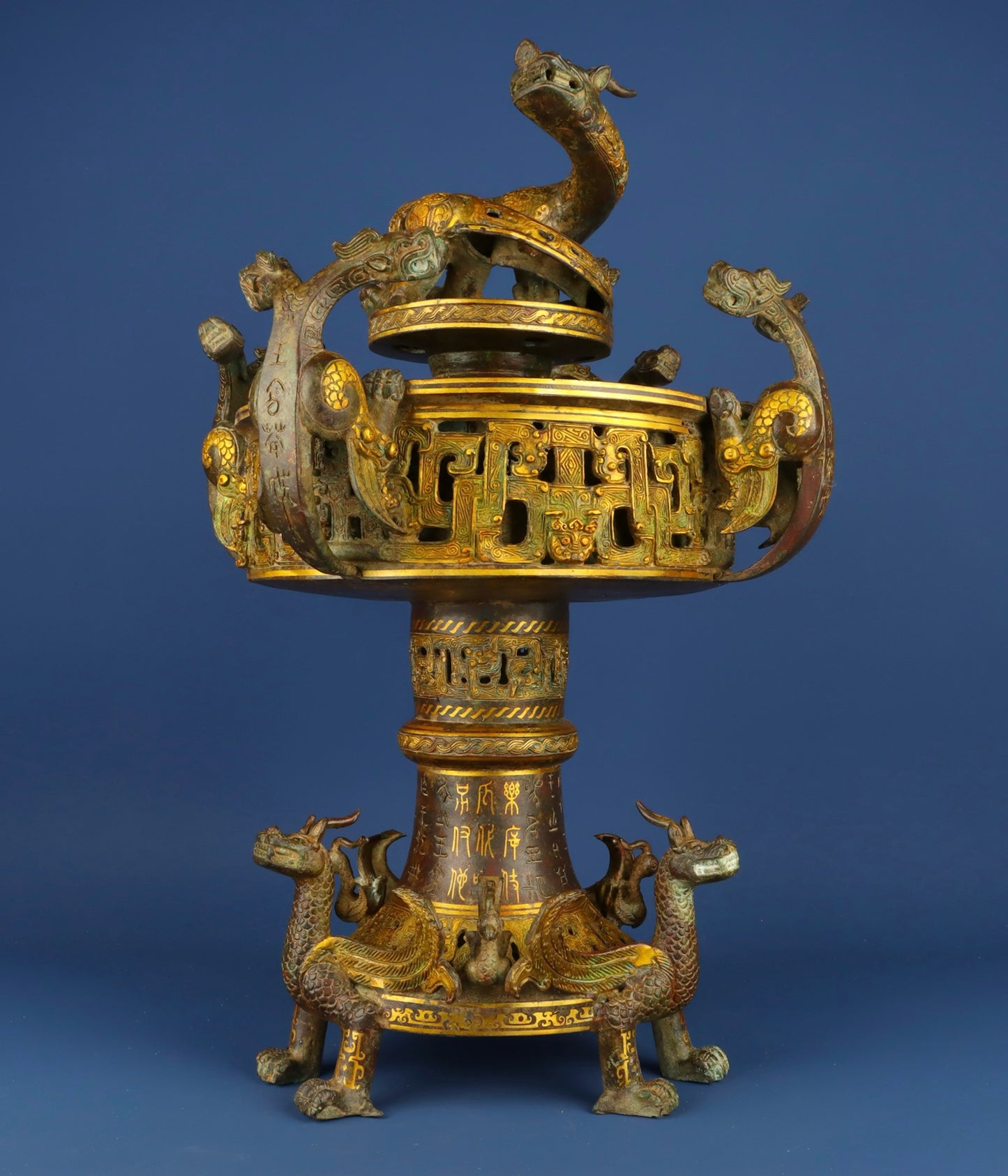 Chinese antique bronze pan dragon smoking furnace