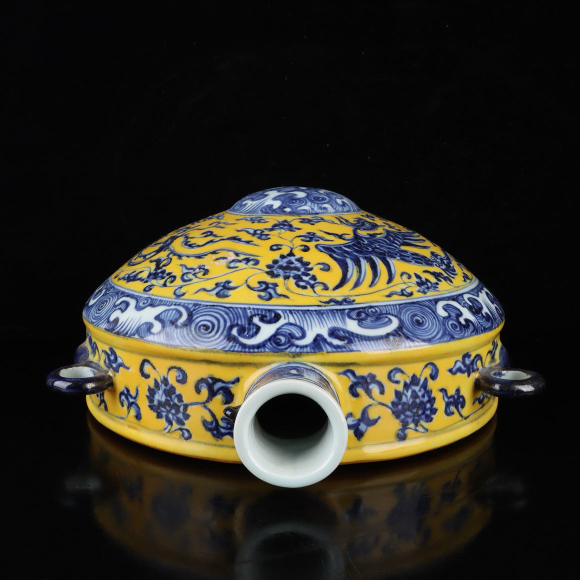 Blue and white glazed double phoenix patterned wall vase with yellow glaze