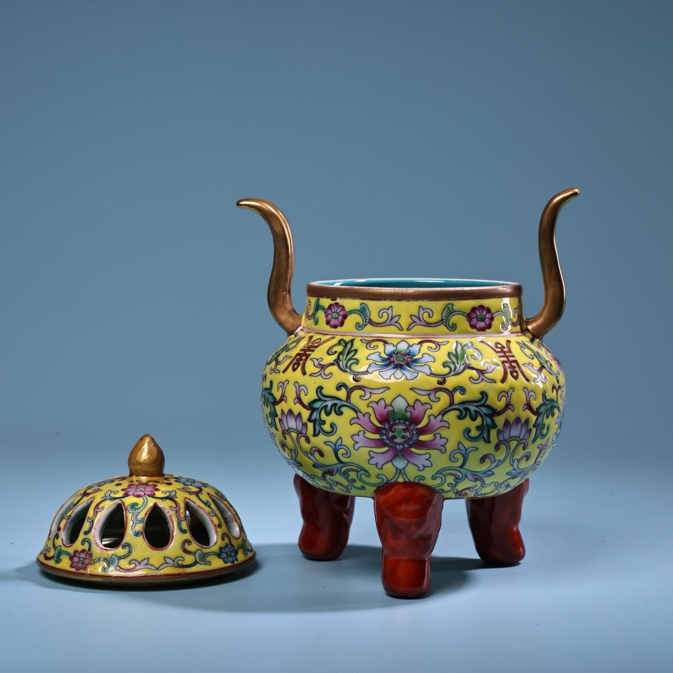 Hand painted enamel gilded gold colored porcelain incense burner
