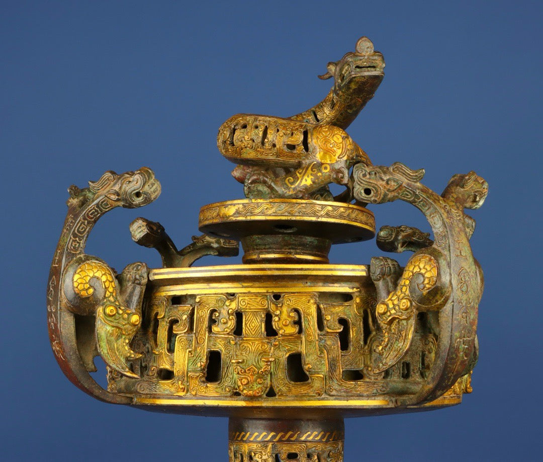 Chinese antique bronze pan dragon smoking furnace