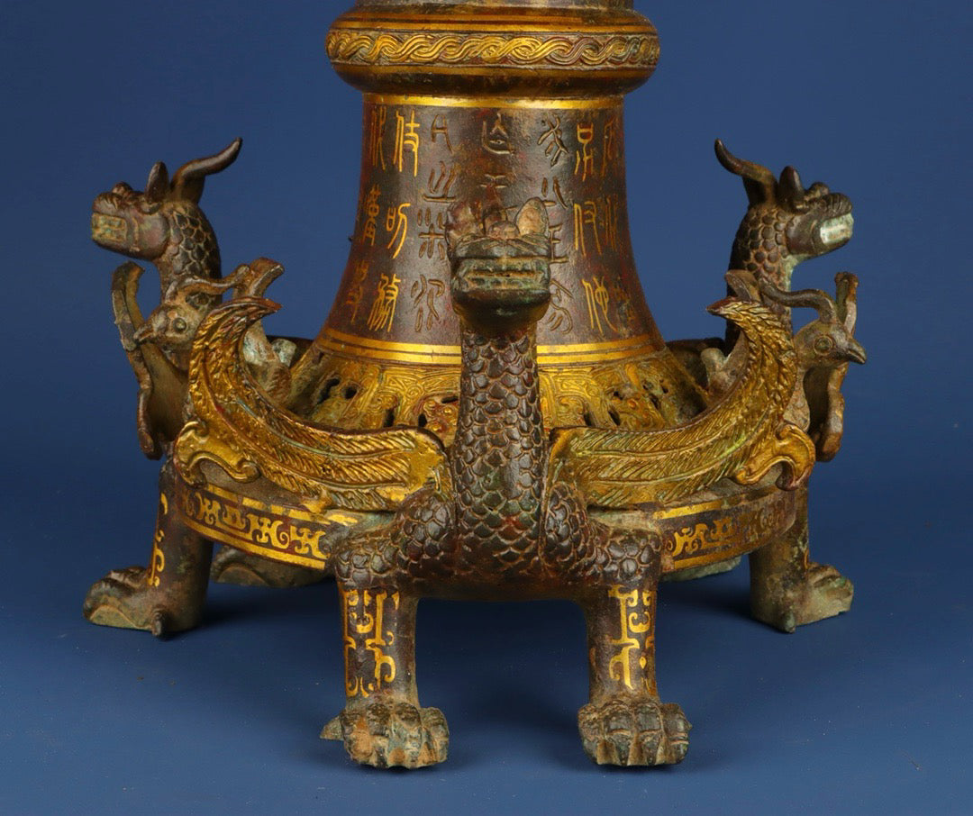 Chinese antique bronze pan dragon smoking furnace