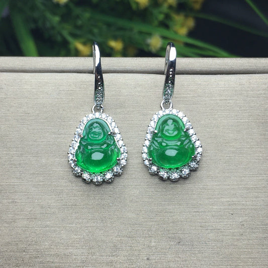 Ice Green Jade Buddha Lord Earrings