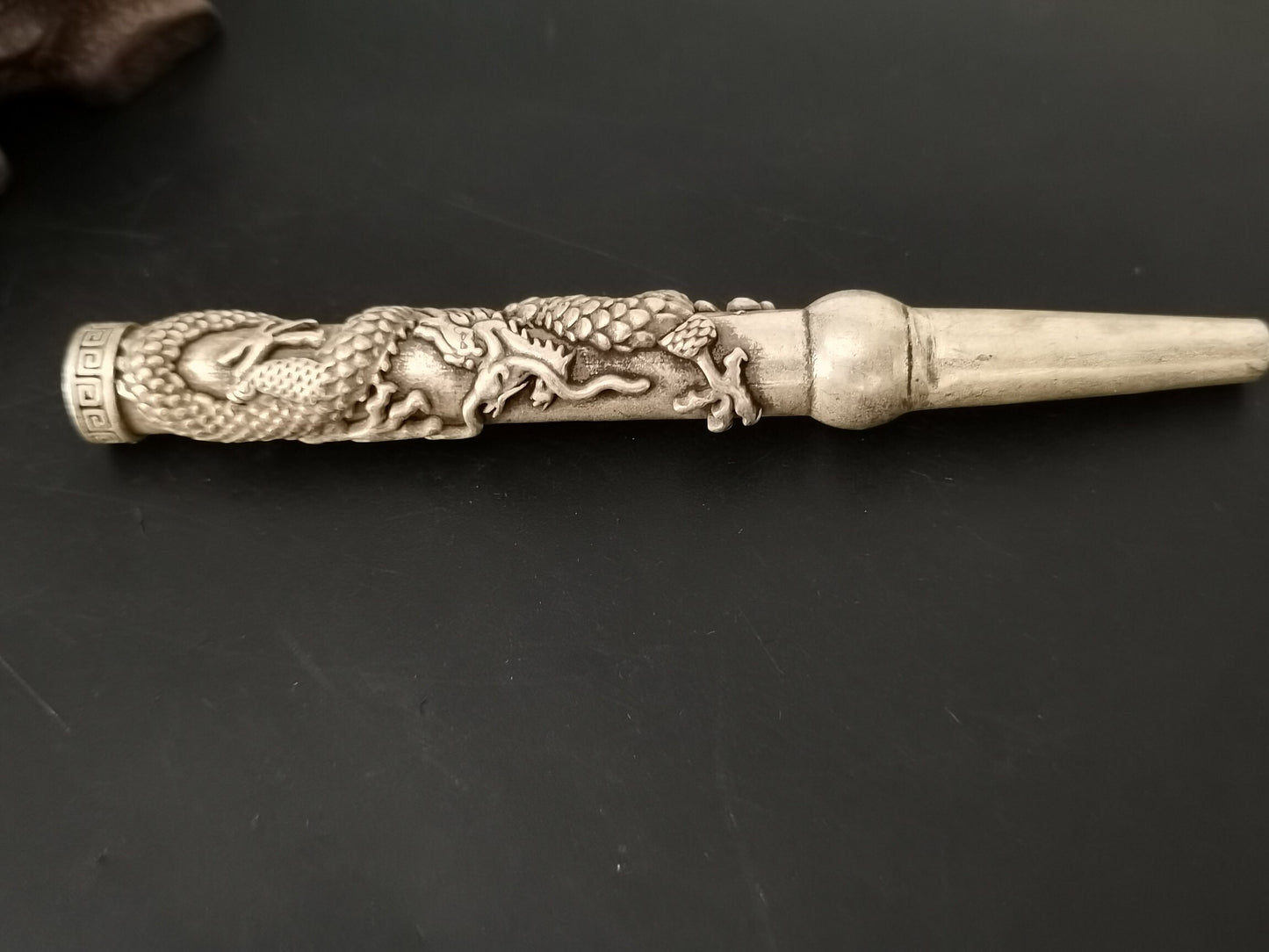Chinese Antique Silver Dragon Head Pipe and Rod