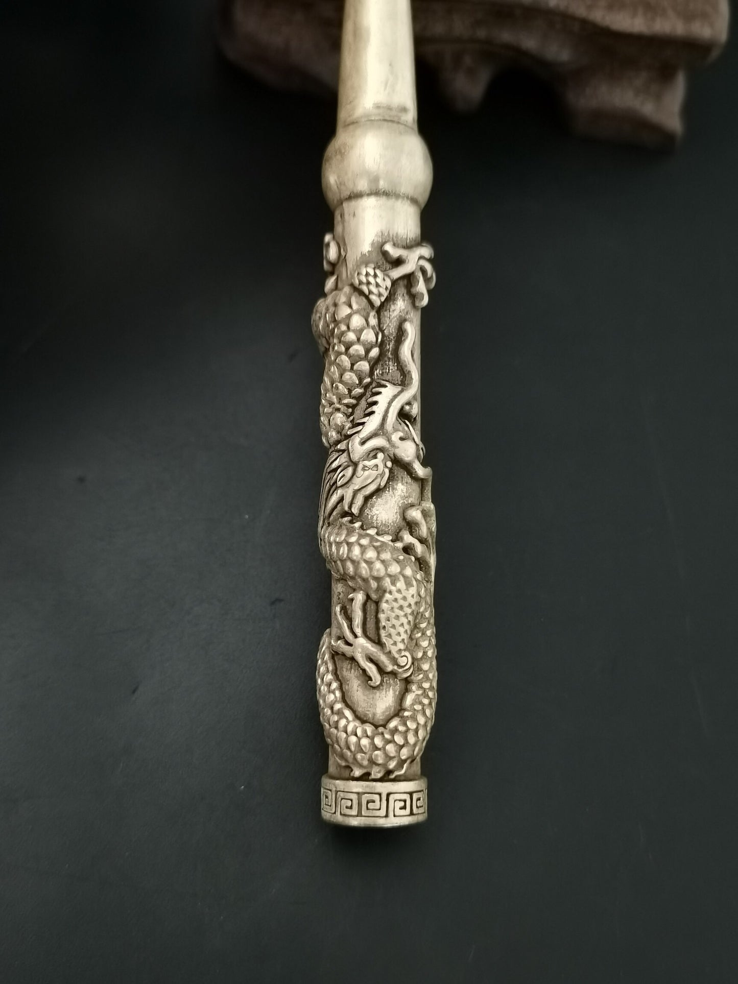 Chinese Antique Silver Dragon Head Pipe and Rod
