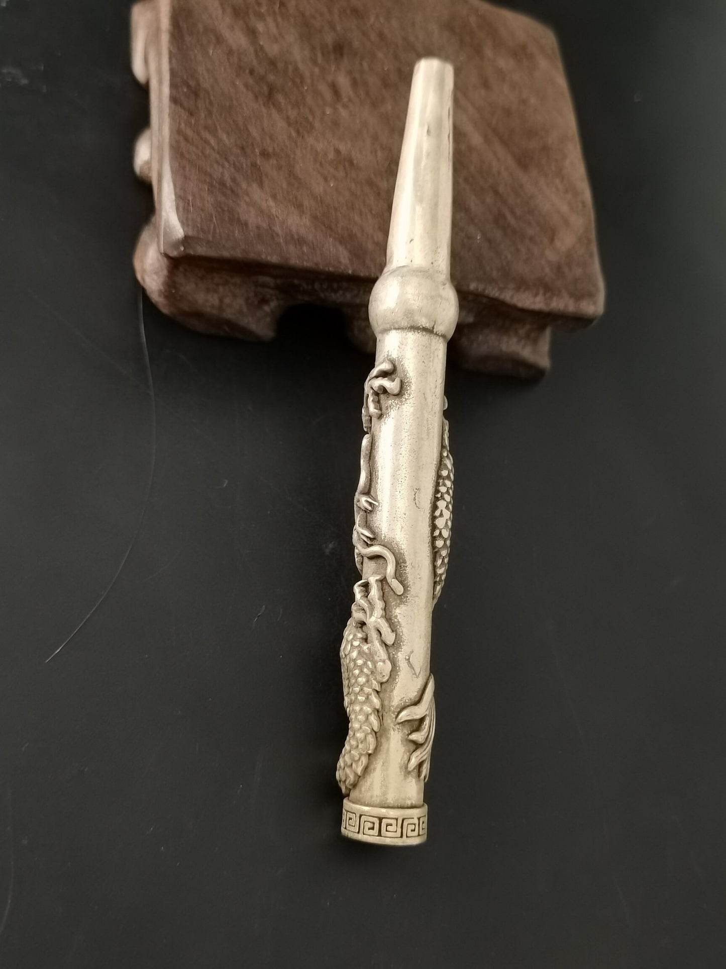 Chinese Antique Silver Dragon Head Pipe and Rod