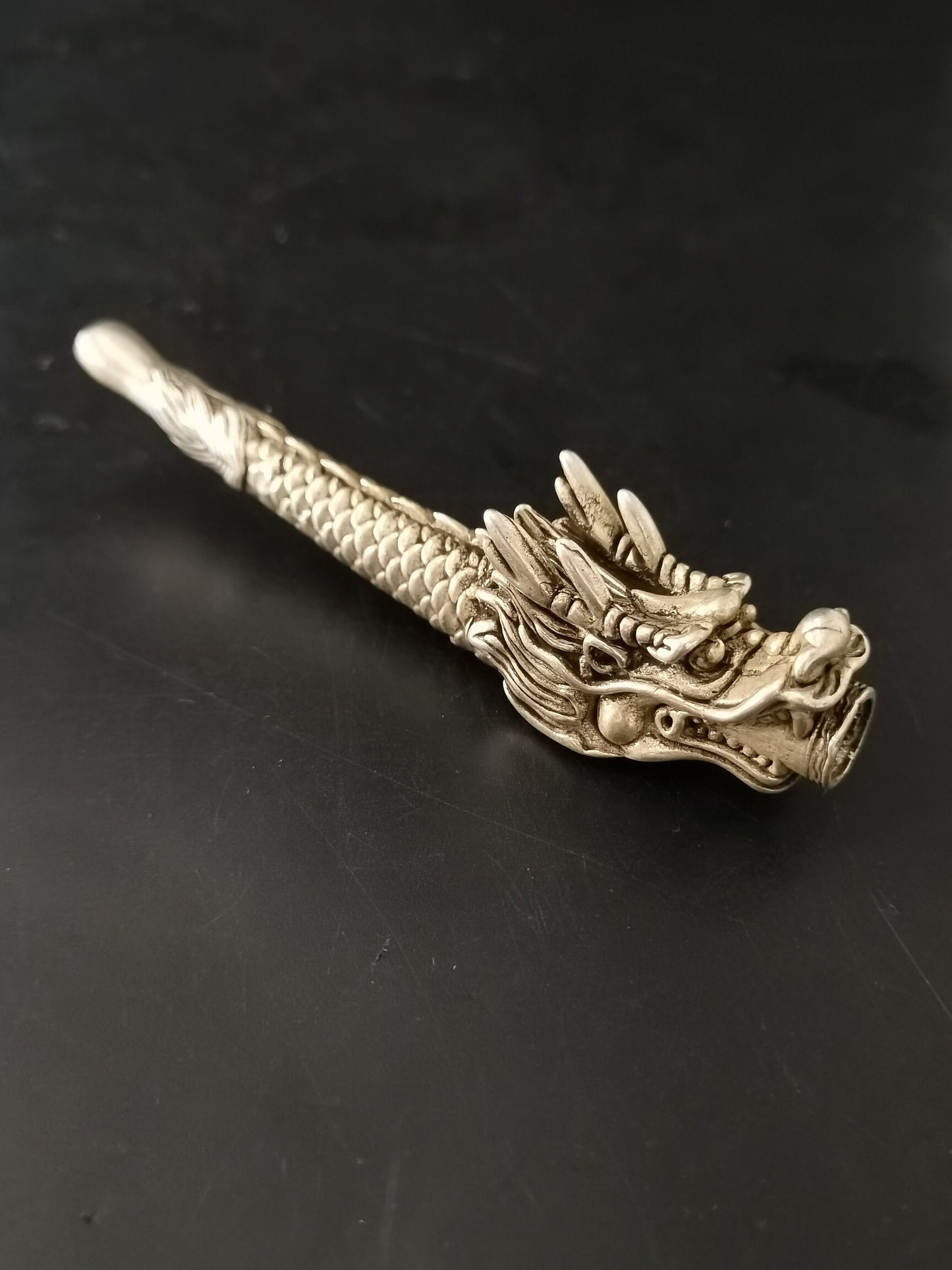 Chinese Antique Silver Dragon Head Pipe and Rod