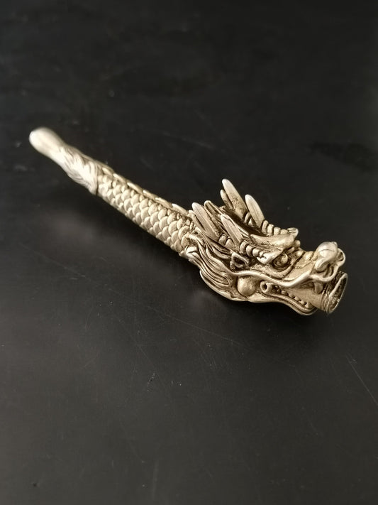 Chinese Antique Silver Dragon Head Pipe and Rod