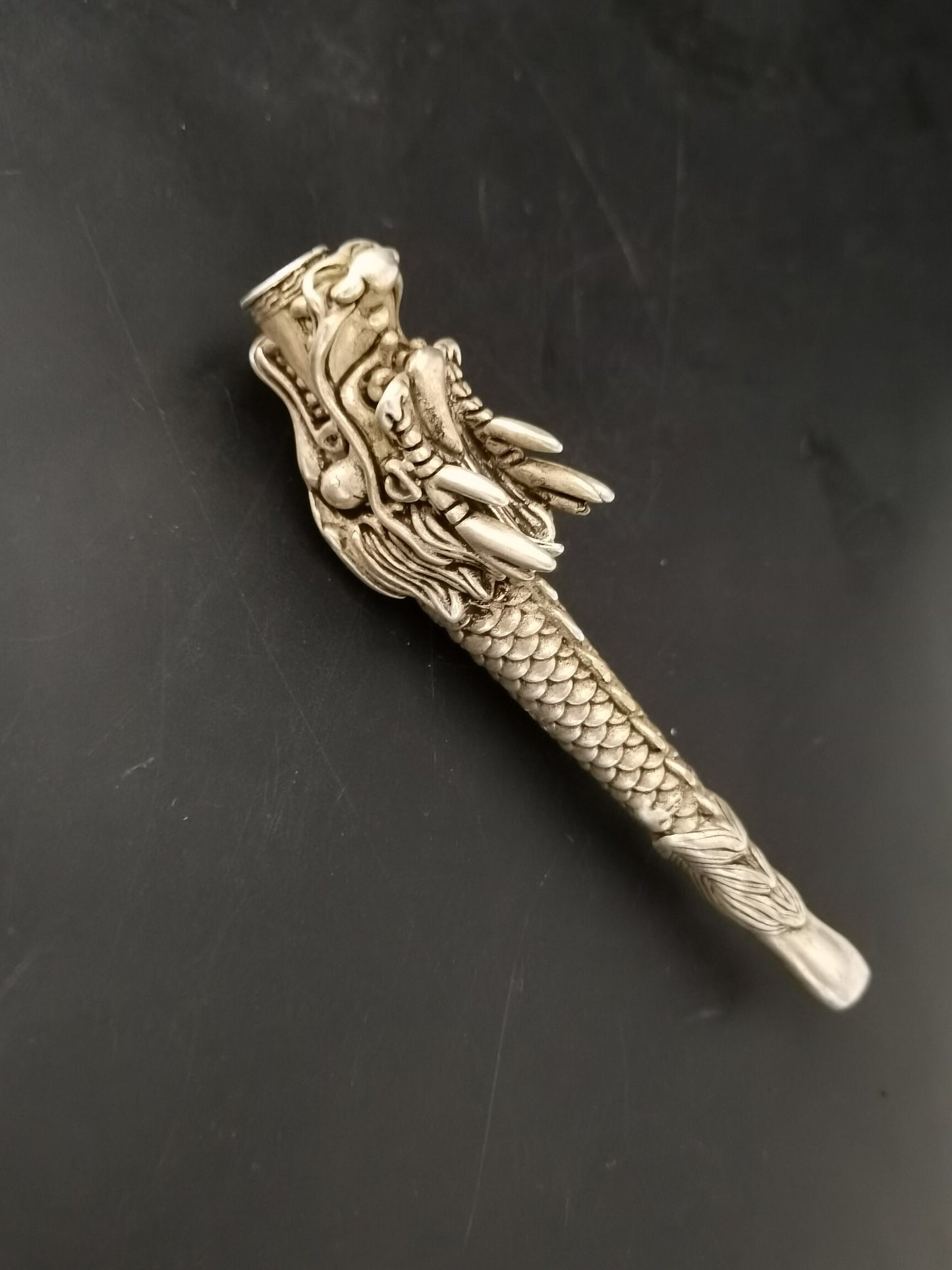 Chinese Antique Silver Dragon Head Pipe and Rod