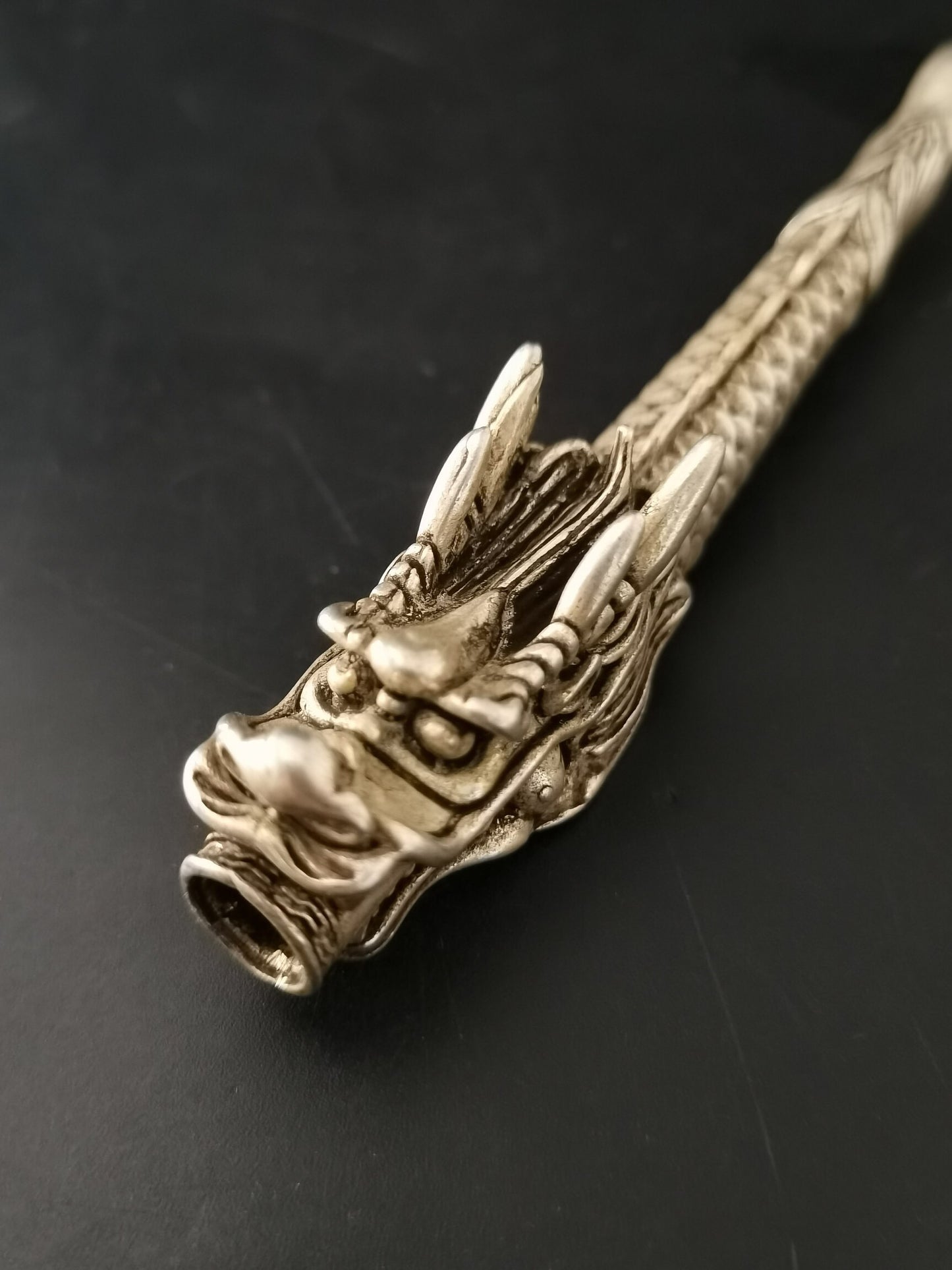 Chinese Antique Silver Dragon Head Pipe and Rod