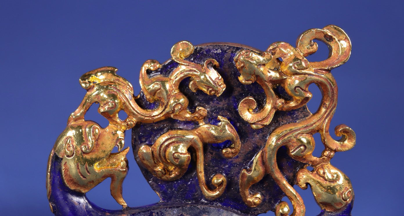 Chinese Antique Old Glass Wrapped Gold Dragon and Phoenix Wall