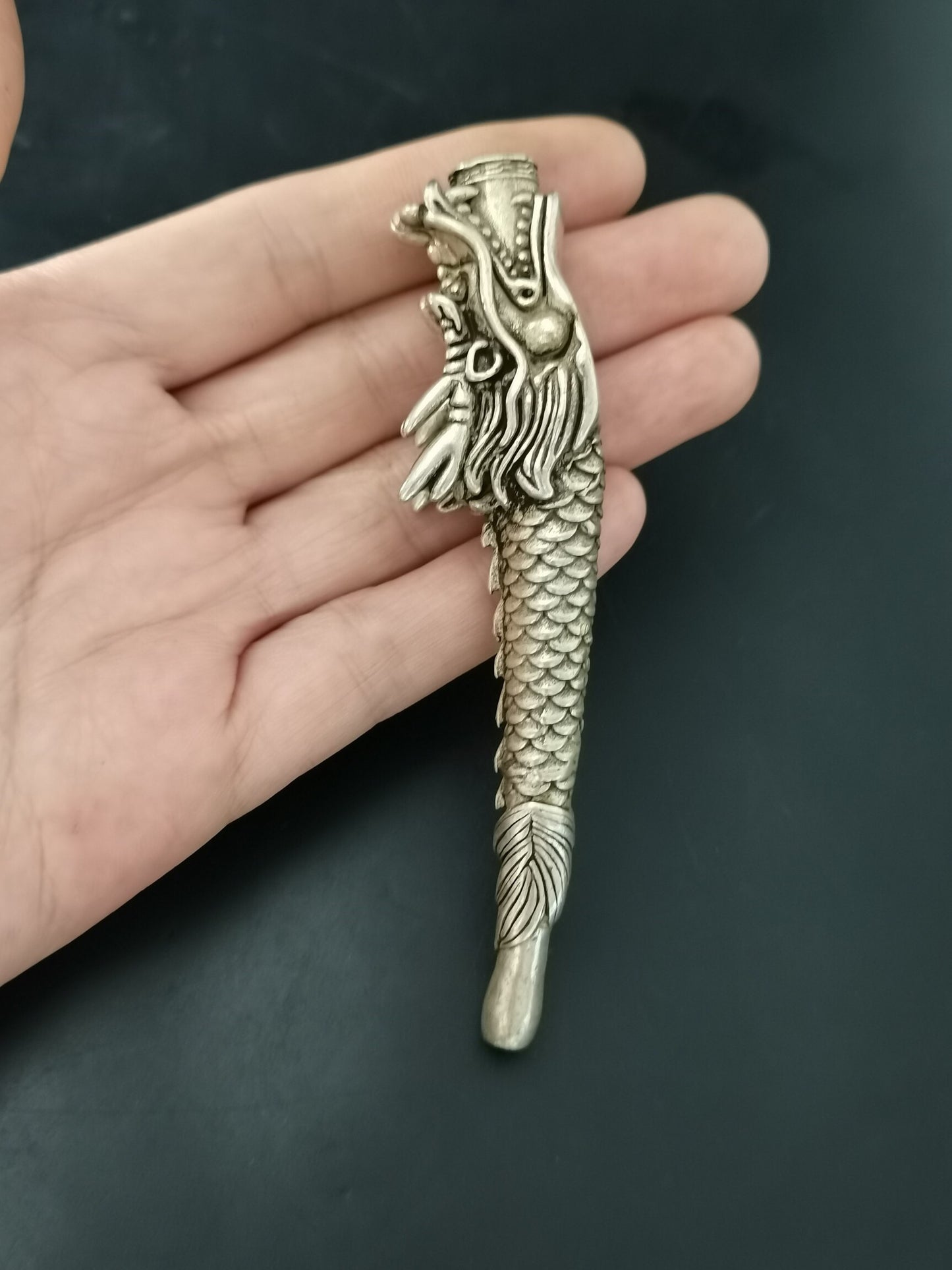 Chinese Antique Silver Dragon Head Pipe and Rod