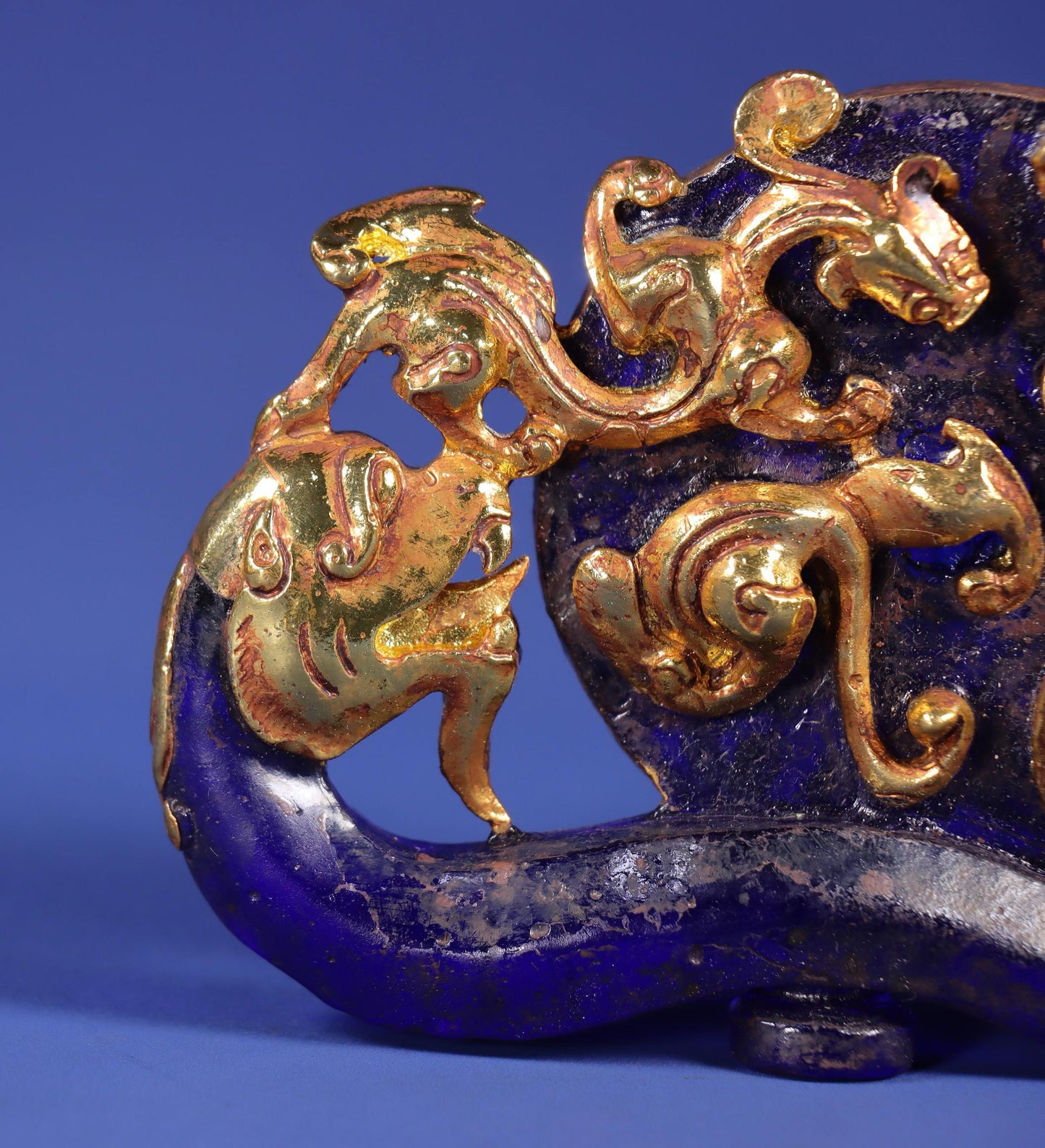 Chinese Antique Old Glass Wrapped Gold Dragon and Phoenix Wall