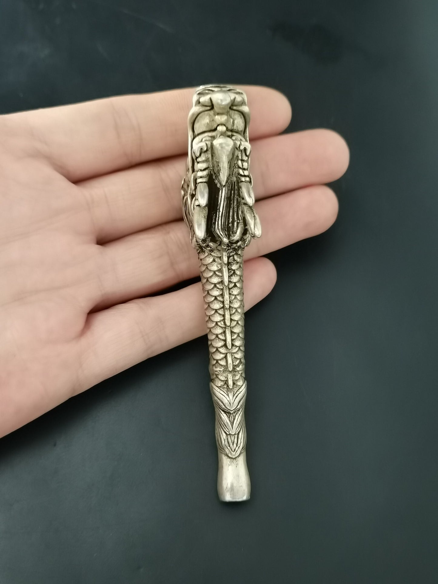 Chinese Antique Silver Dragon Head Pipe and Rod