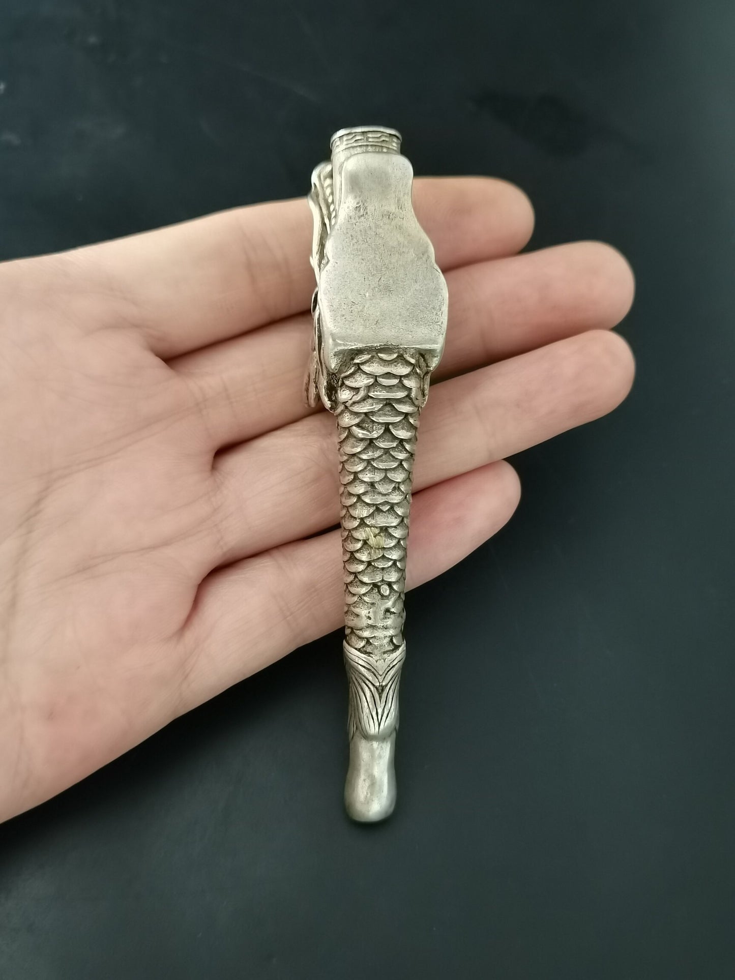 Chinese Antique Silver Dragon Head Pipe and Rod