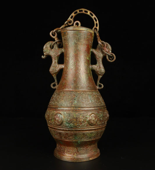 Chinese antique bronze double dragon chain bottle