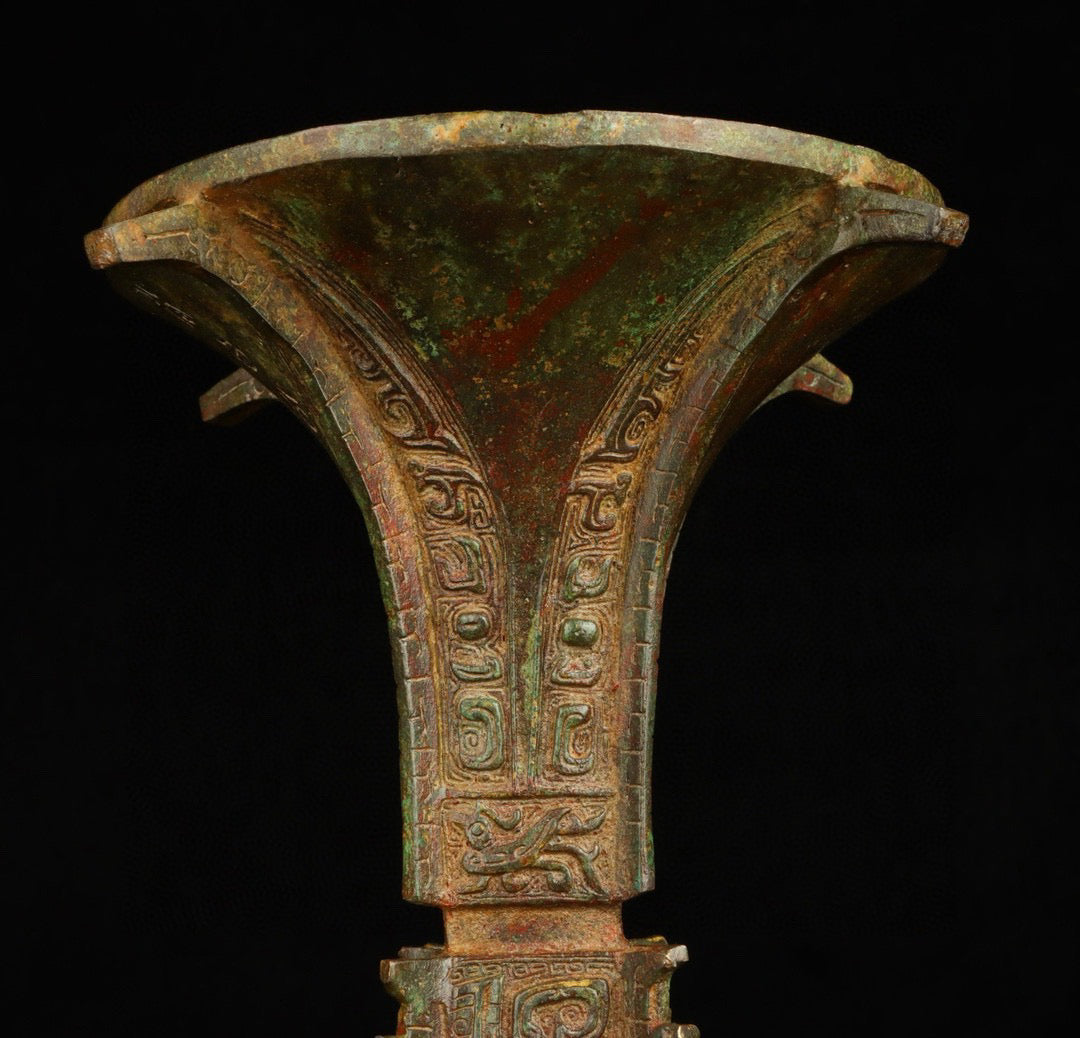 Chinese Antique Bronze Square Flower Gu