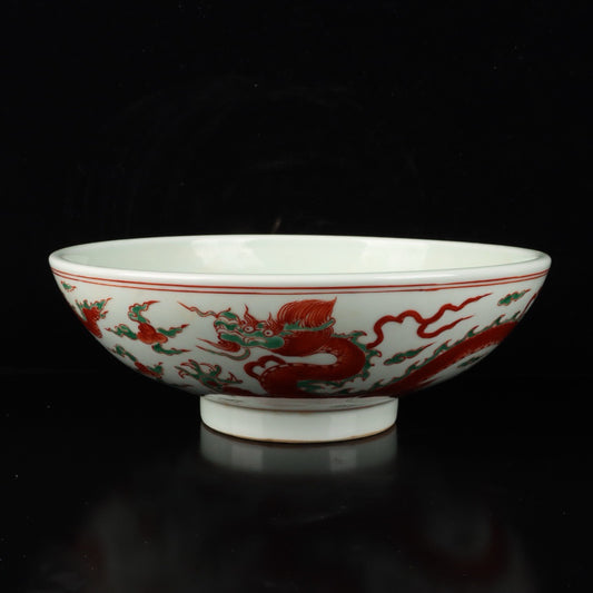 Red green colorful cloud dragon patterned large bowl