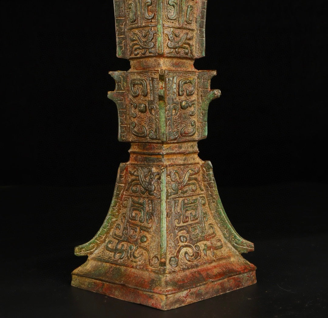 Chinese Antique Bronze Square Flower Gu