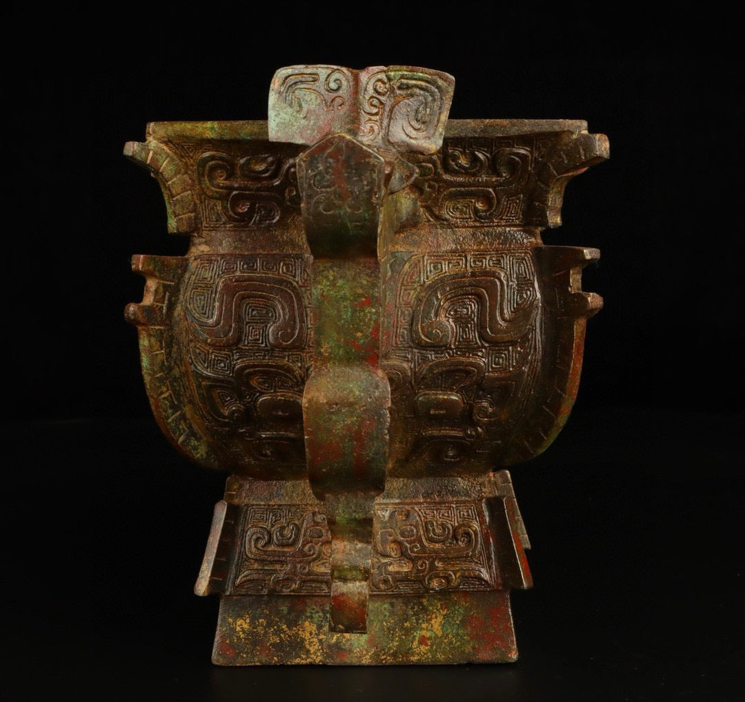 Chinese Antique Bronze Beast Face Double Dragon Gui