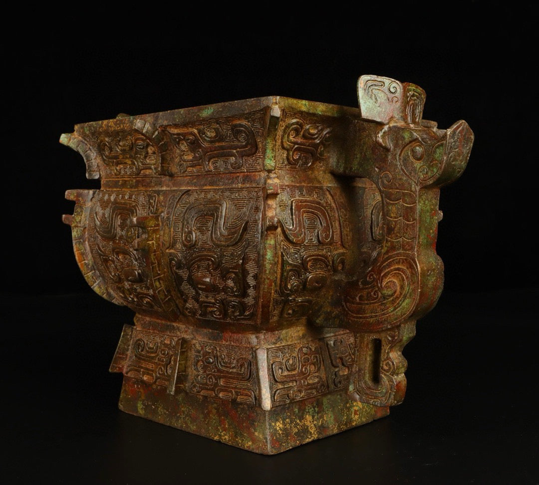 Chinese Antique Bronze Beast Face Double Dragon Gui