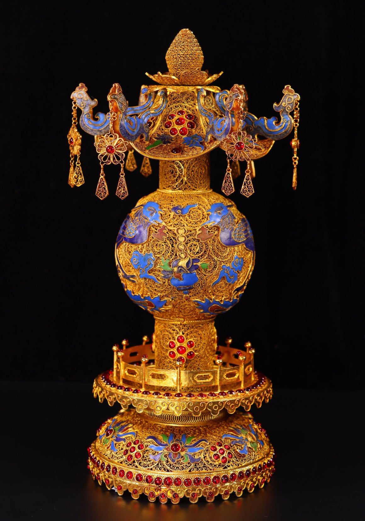 Chinese antique handmade filigree gold-plated gemstone tower ornaments