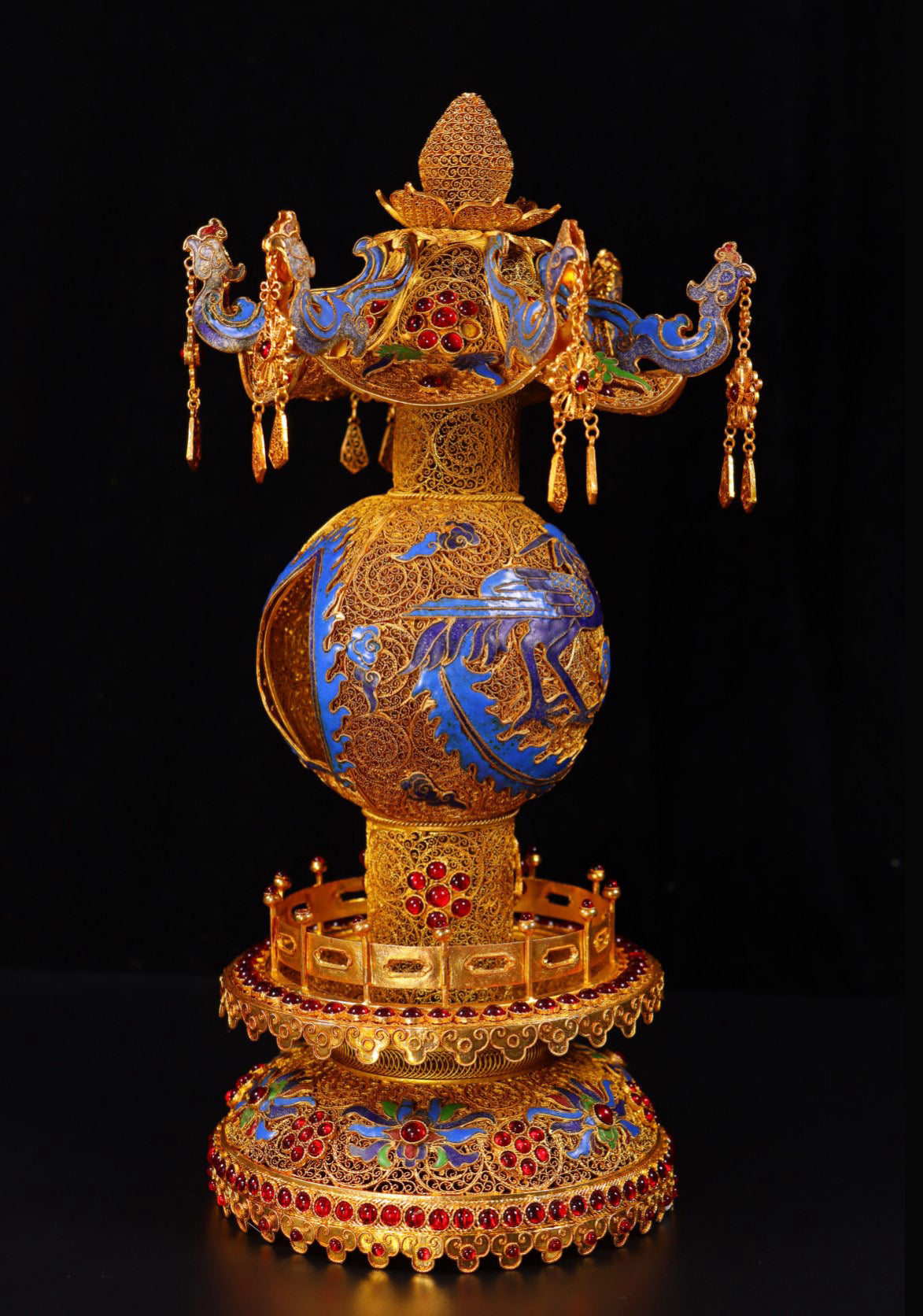 Chinese antique handmade filigree gold-plated inlaid gemstone blue tower ornaments