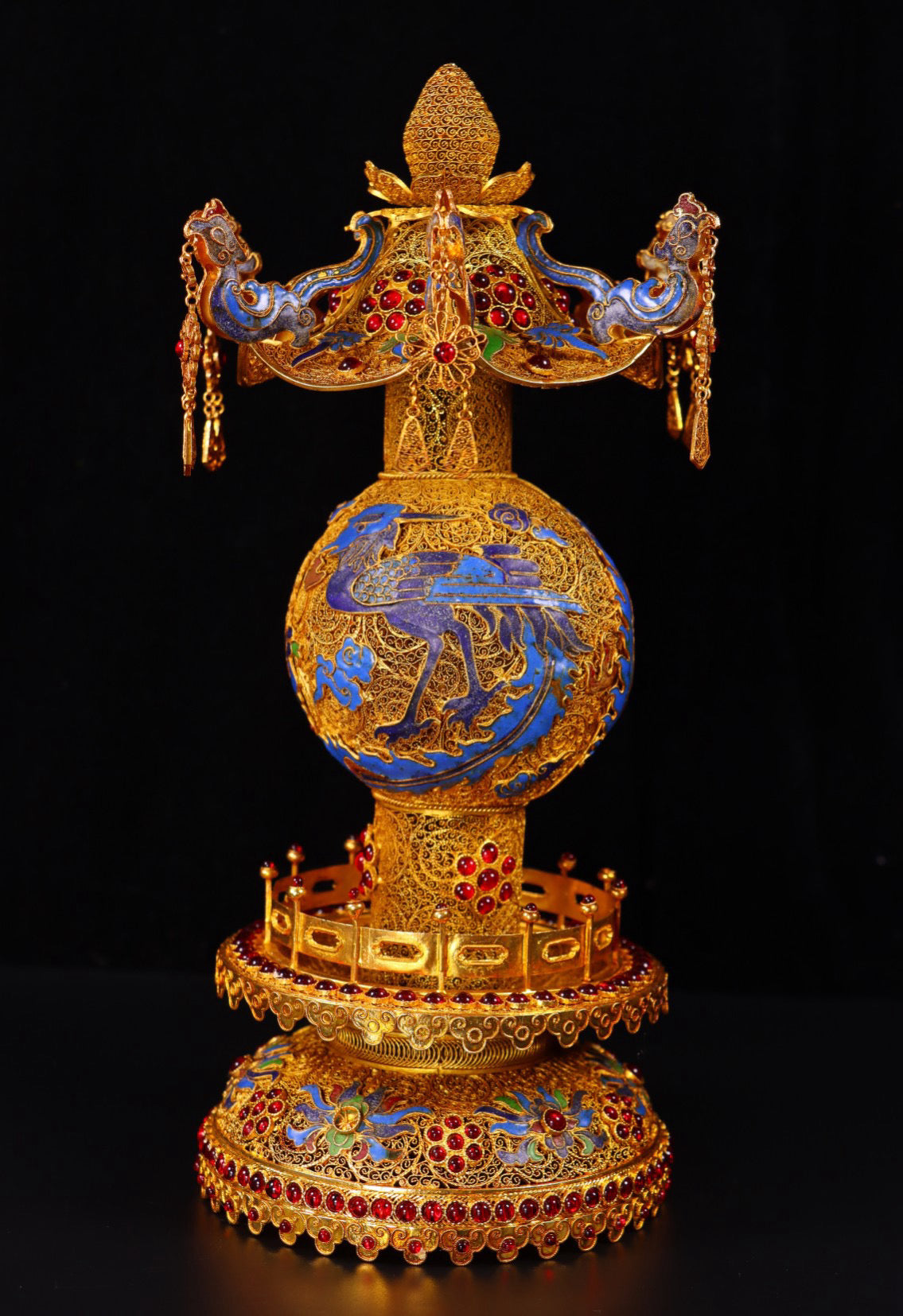 Chinese antique handmade filigree gold-plated inlaid gemstone blue tower ornaments