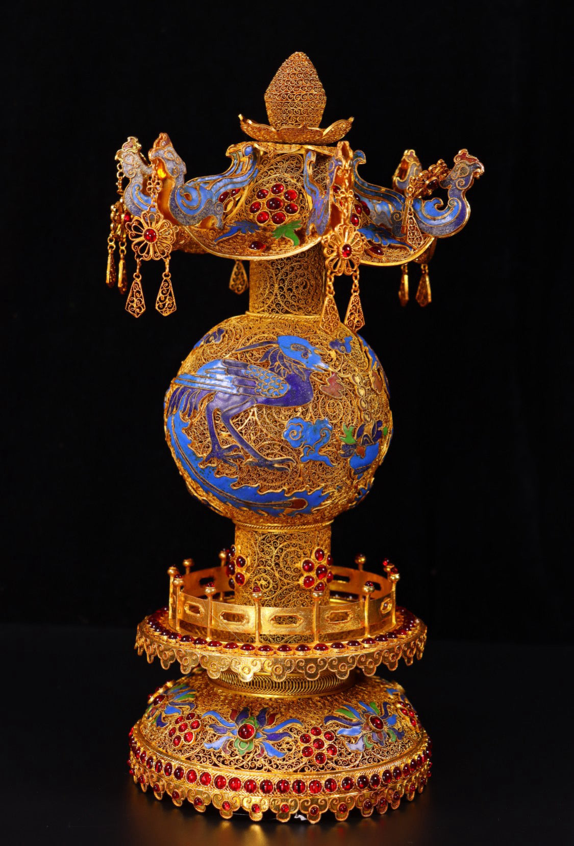 Chinese antique handmade filigree gold-plated inlaid gemstone blue tower ornaments