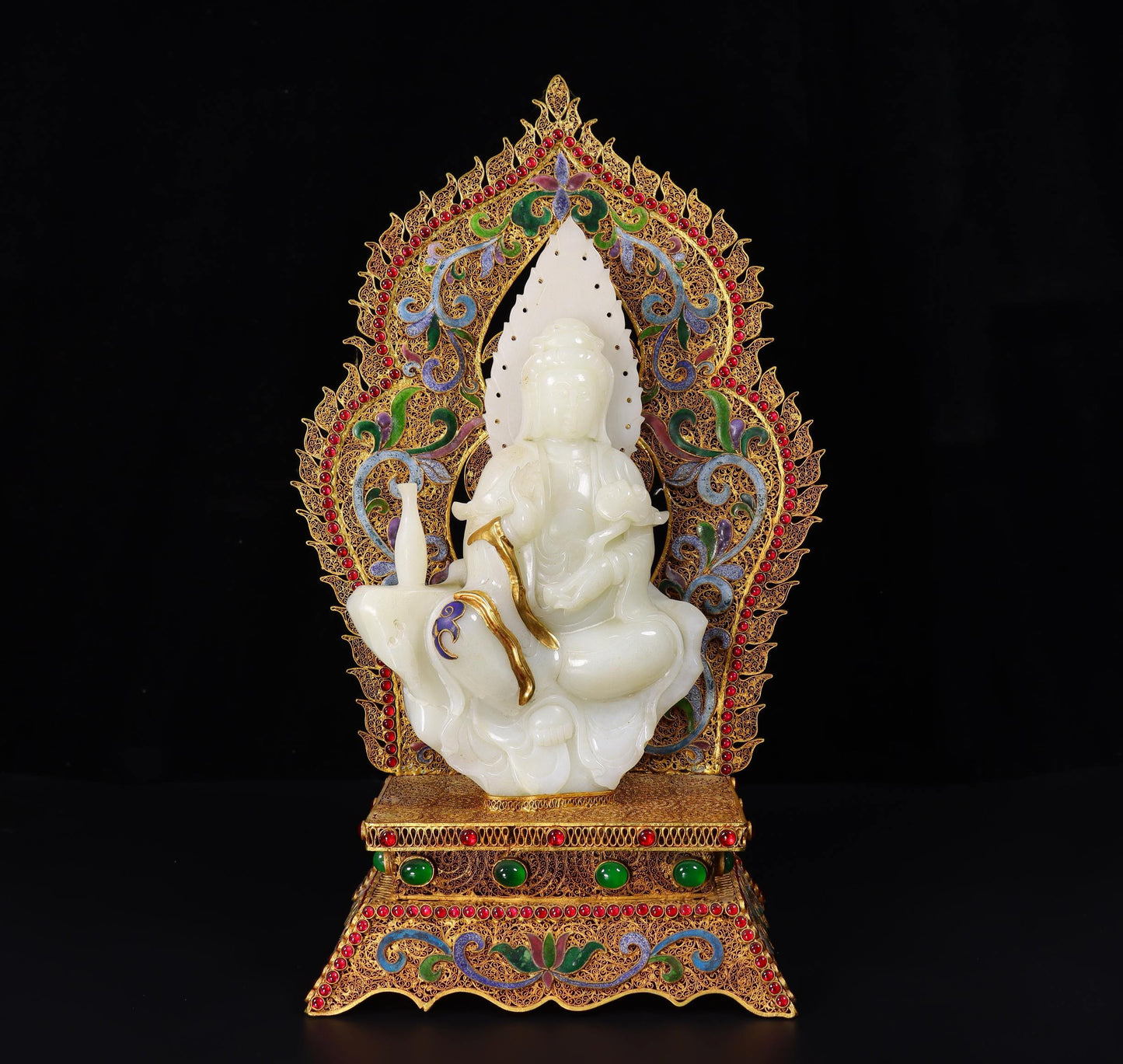 Chinese antiques, handmade, filigree, gilded, inlaid with Hotan Jade Guanyin
