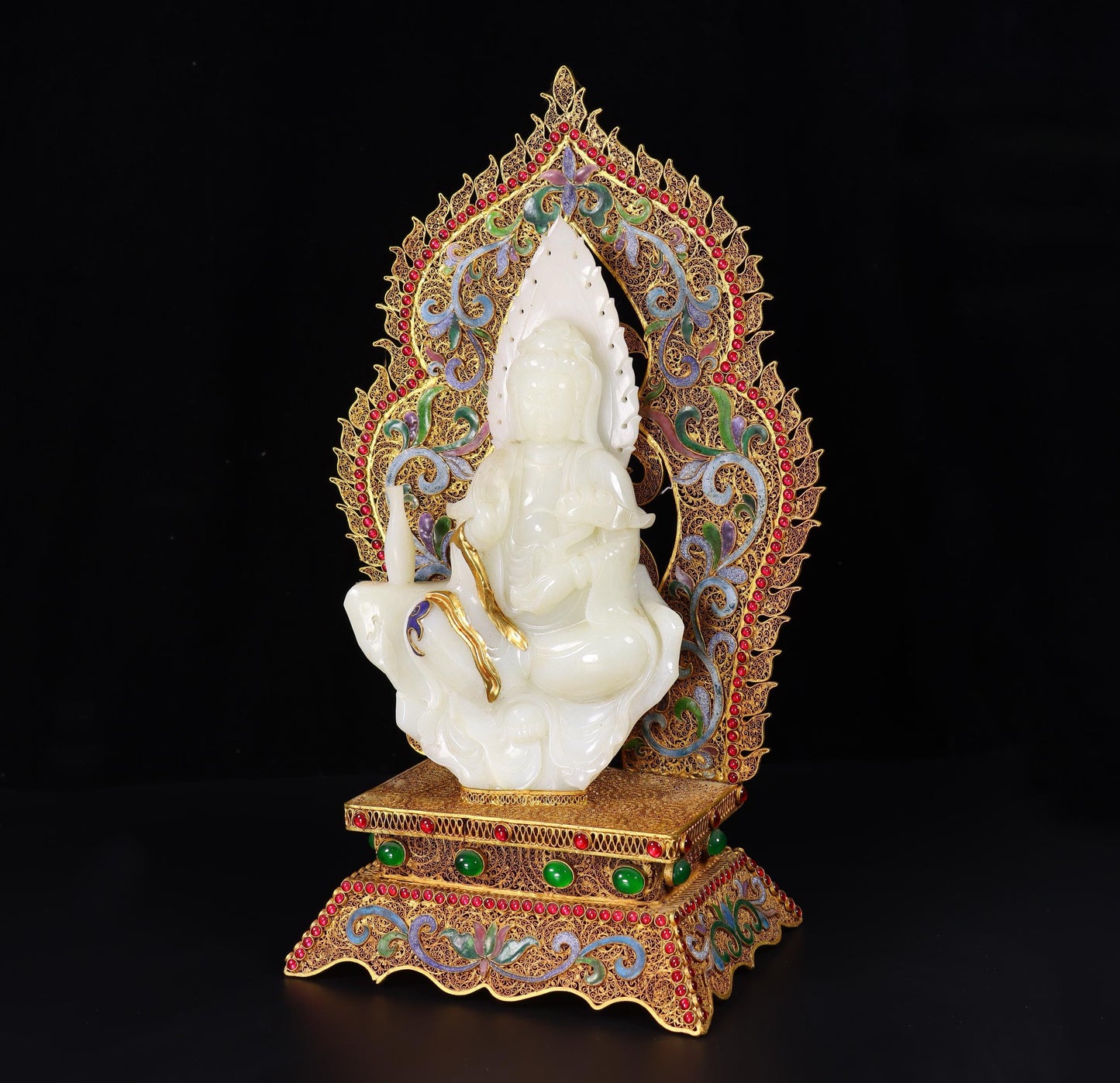 Chinese antiques, handmade, filigree, gilded, inlaid with Hotan Jade Guanyin