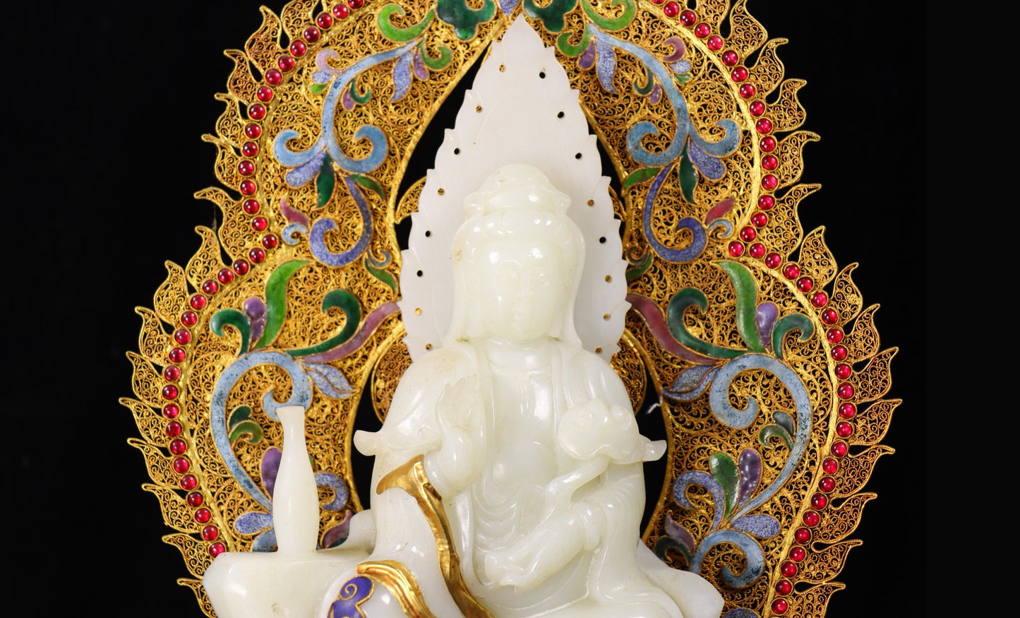 Chinese antiques, handmade, filigree, gilded, inlaid with Hotan Jade Guanyin