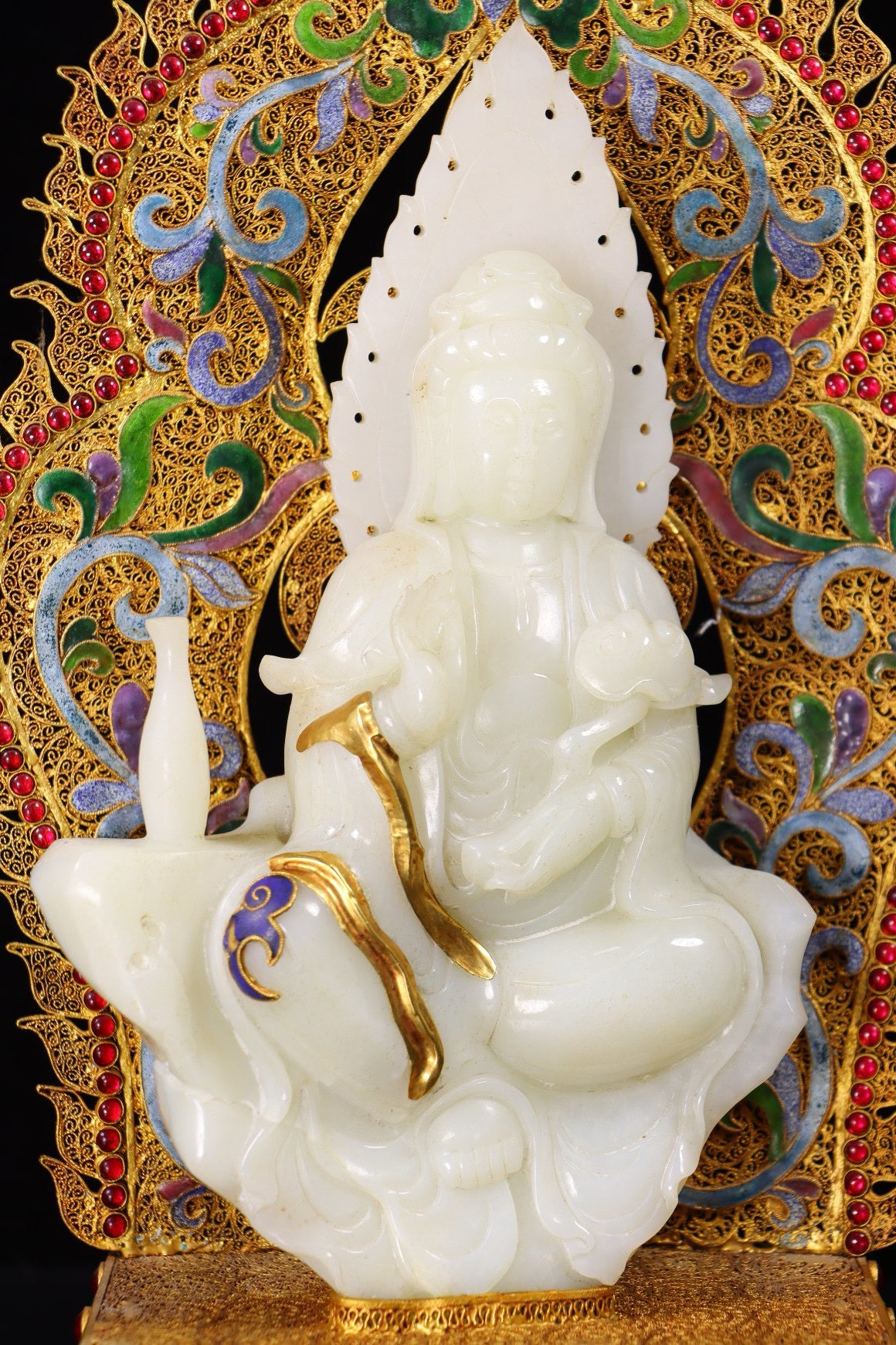 Chinese antiques, handmade, filigree, gilded, inlaid with Hotan Jade Guanyin