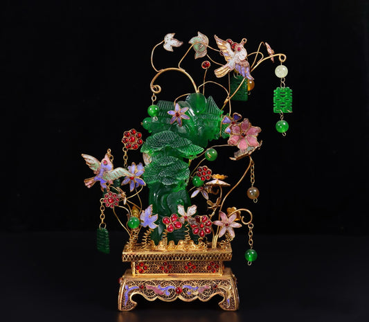 Chinese antique handmade filigree gold-plated inlaid jade landscape ornaments