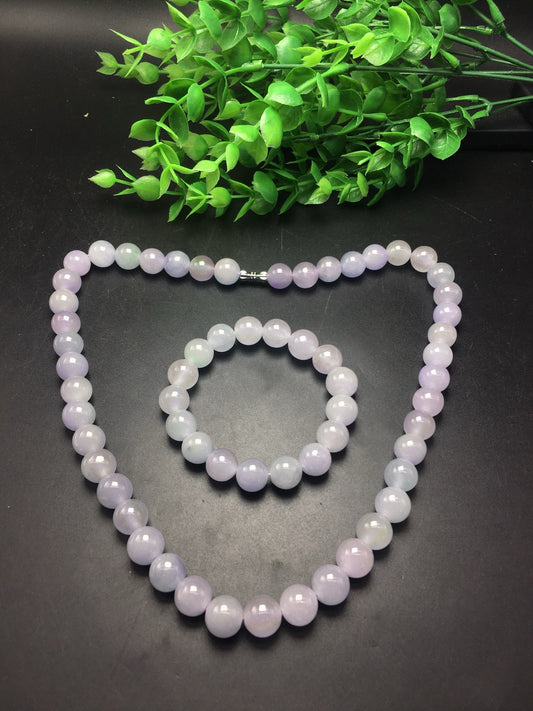 Ice Violet Round Bead Jade Necklace Bracelet Set of Two