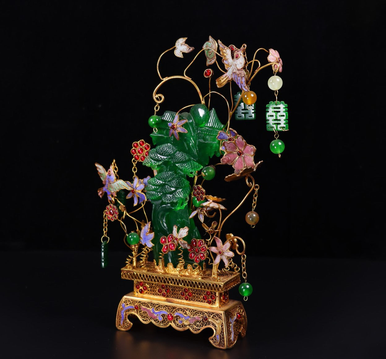 Chinese antique handmade filigree gold-plated inlaid jade landscape ornaments