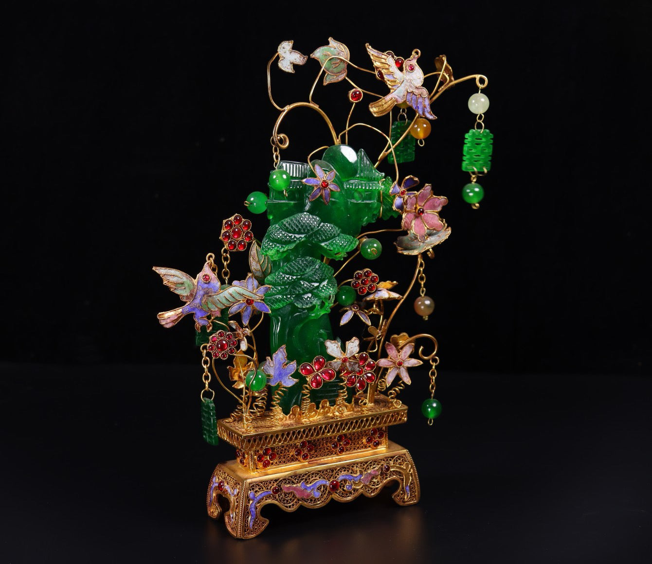 Chinese antique handmade filigree gold-plated inlaid jade landscape ornaments