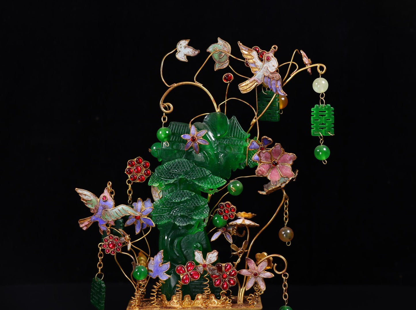 Chinese antique handmade filigree gold-plated inlaid jade landscape ornaments