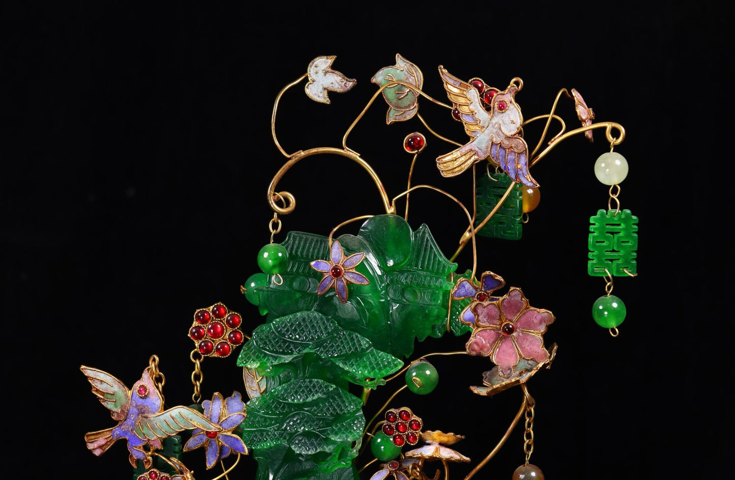Chinese antique handmade filigree gold-plated inlaid jade landscape ornaments