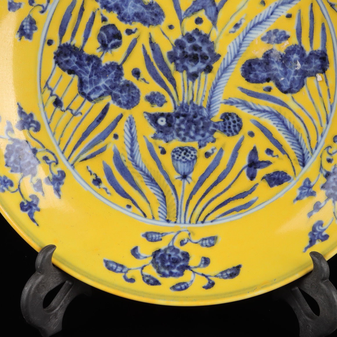 Blue and white with yellow glazed fish and algae pattern appreciation plate