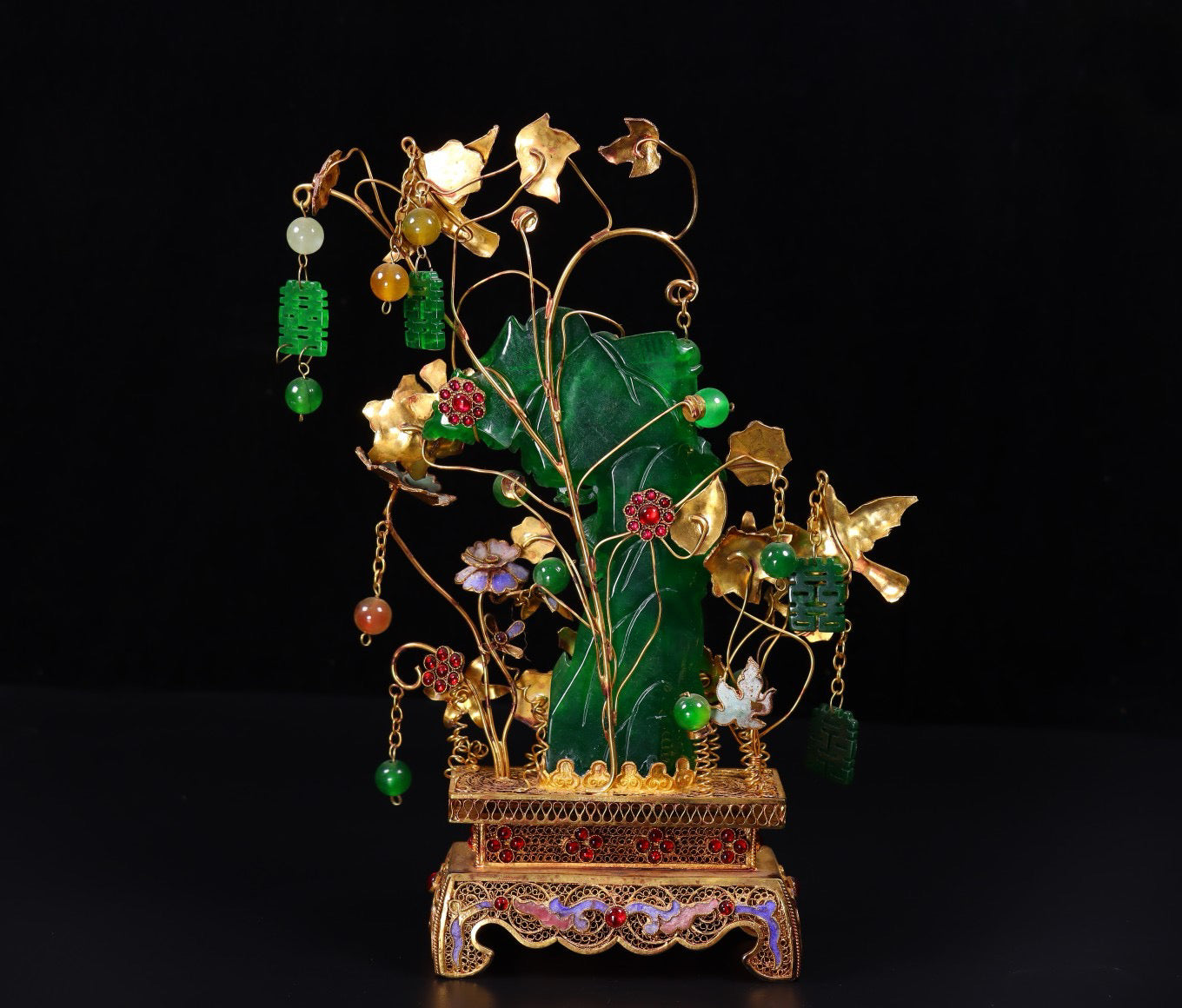 Chinese antique handmade filigree gold-plated inlaid jade landscape ornaments