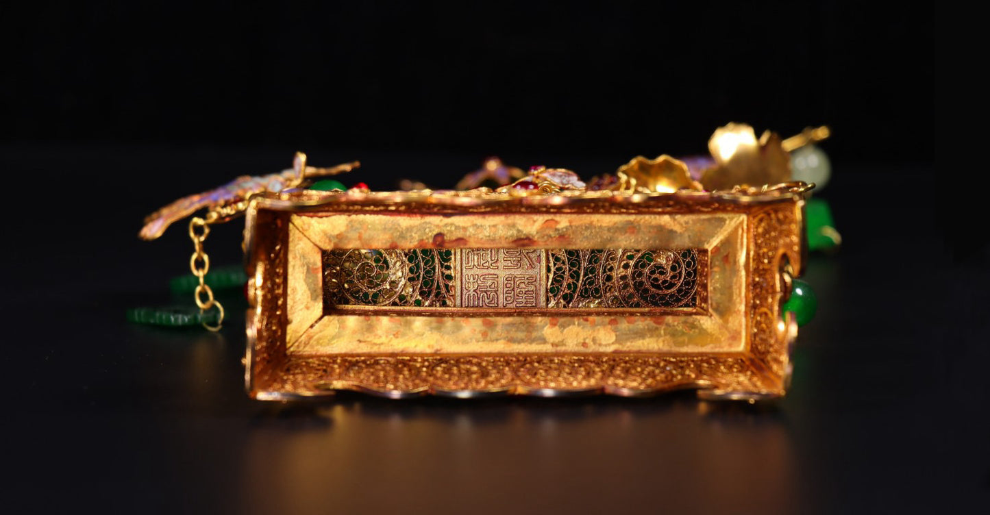 Chinese antique handmade filigree gold-plated inlaid jade landscape ornaments