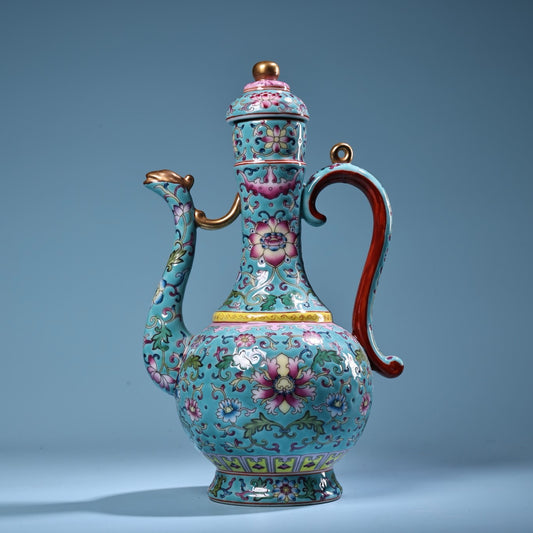 Hand painted enamel gold-plated porcelain teapot with handle