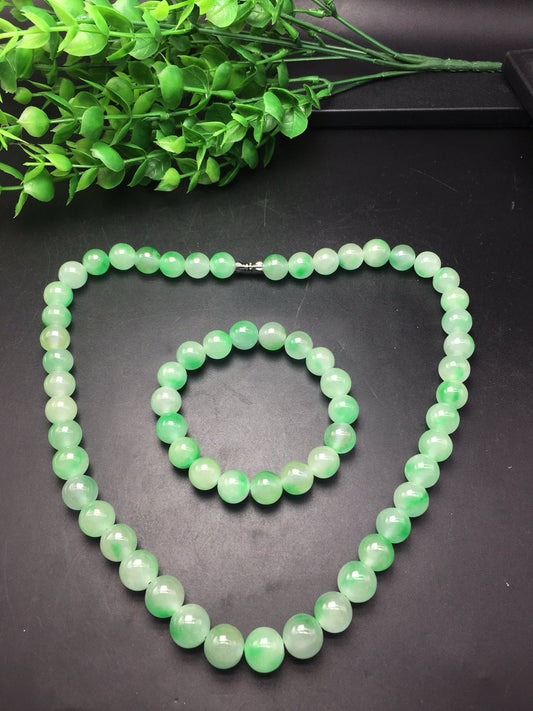 Ice floating green round bead jade necklace bracelet set of two pieces