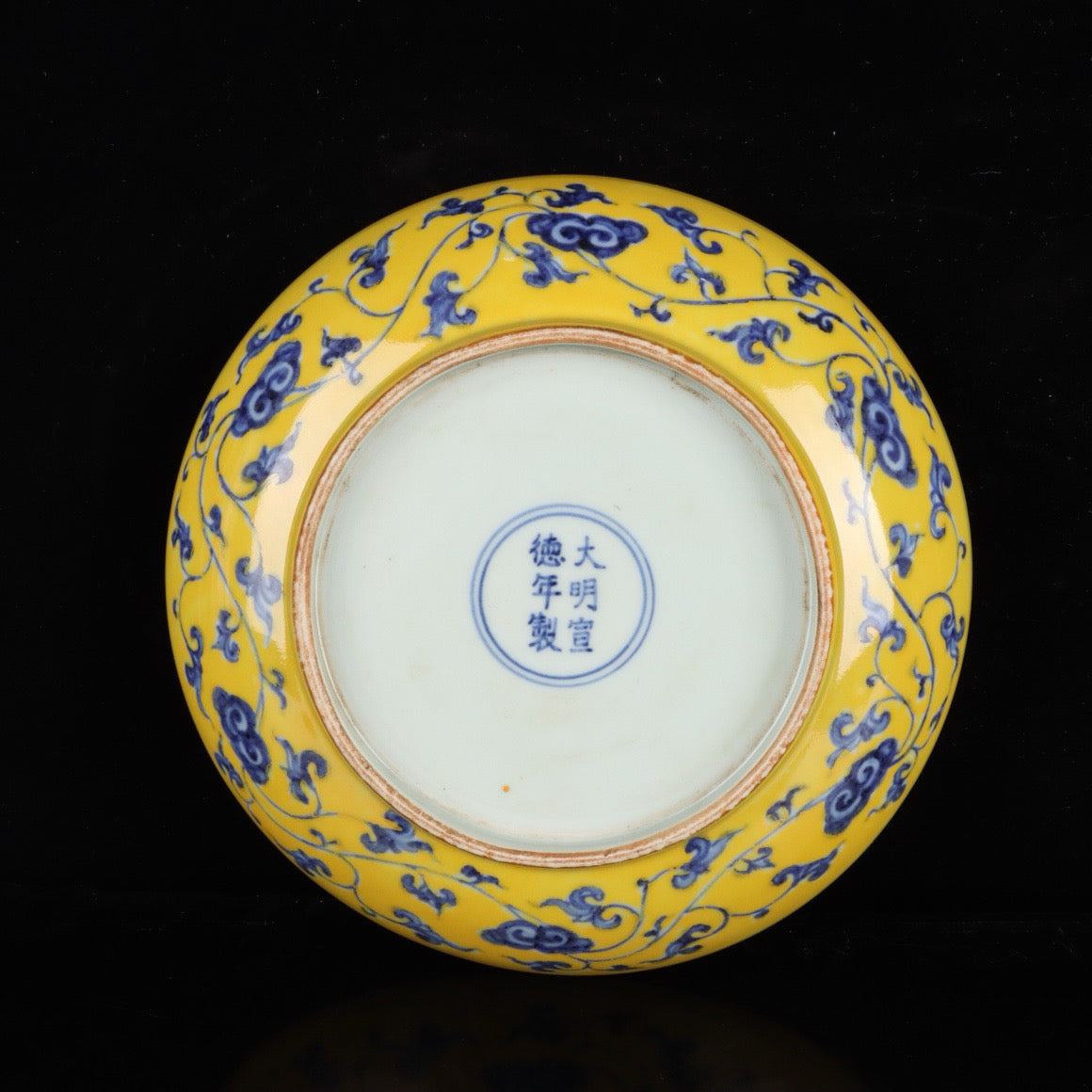 Blue and white with yellow glazed fish and algae pattern appreciation plate