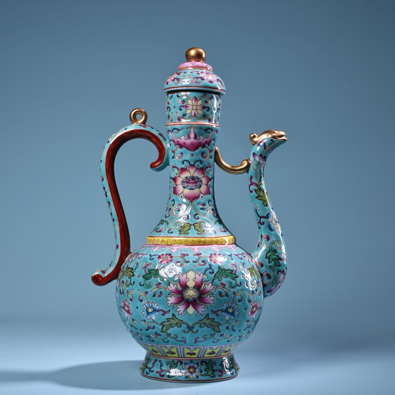 Hand painted enamel gold-plated porcelain teapot with handle