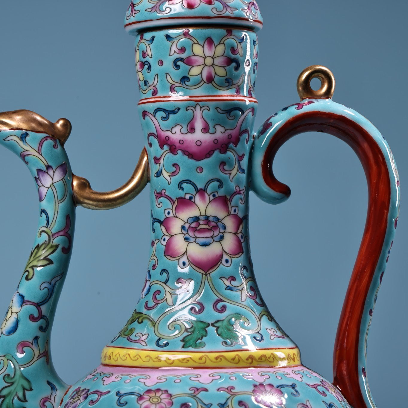 Hand painted enamel gold-plated porcelain teapot with handle