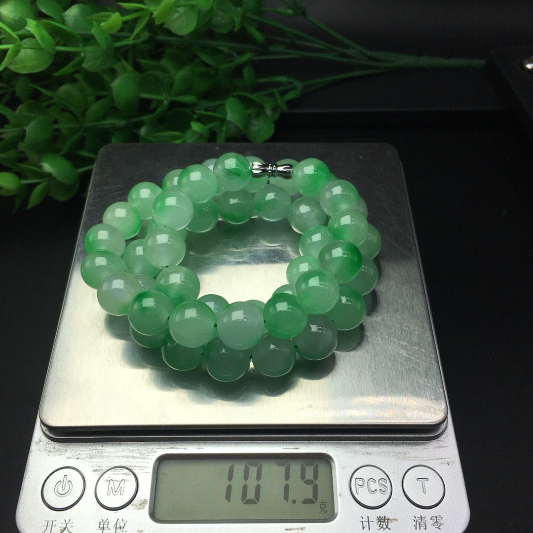 Ice floating green round bead jade necklace bracelet set of two pieces