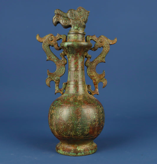 Chinese antique bronze dragon head round bottle