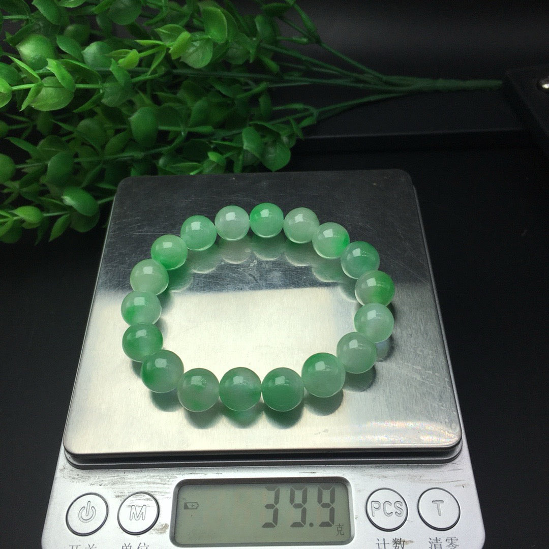 Ice floating green round bead jade necklace bracelet set of two pieces